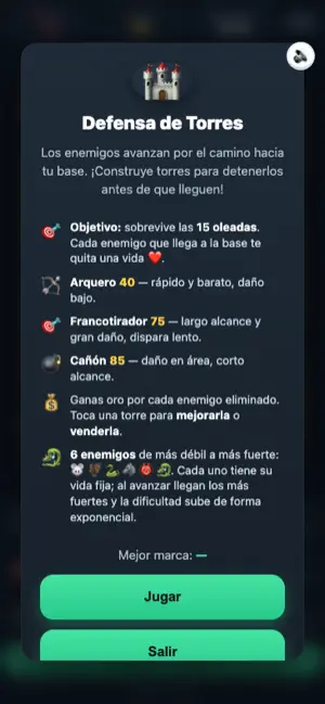 Pantalla del juego Tower Defense