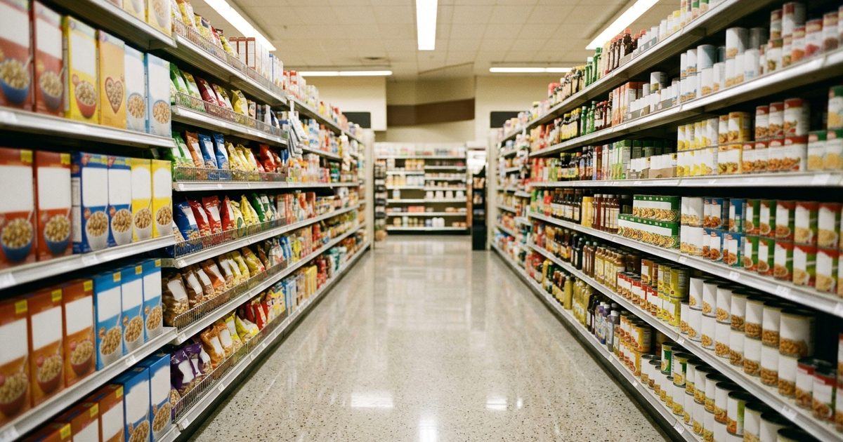 Pasillo de supermercado vacío en la mañana, con las góndolas llenas a ambos lados