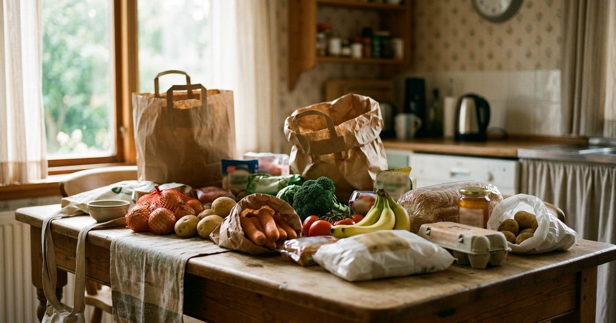 Mesa de cocina con las bolsas del supermercado recién desempacadas