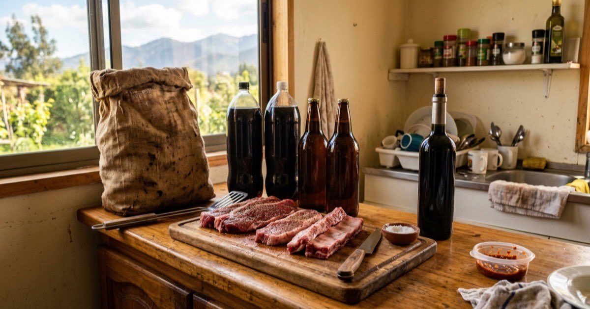 Cortes de carne cruda y carbón sobre el mesón de una cocina